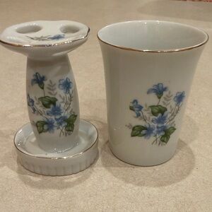 Vintage Floral Porcelain Toothbrush Holder and Cup Set.